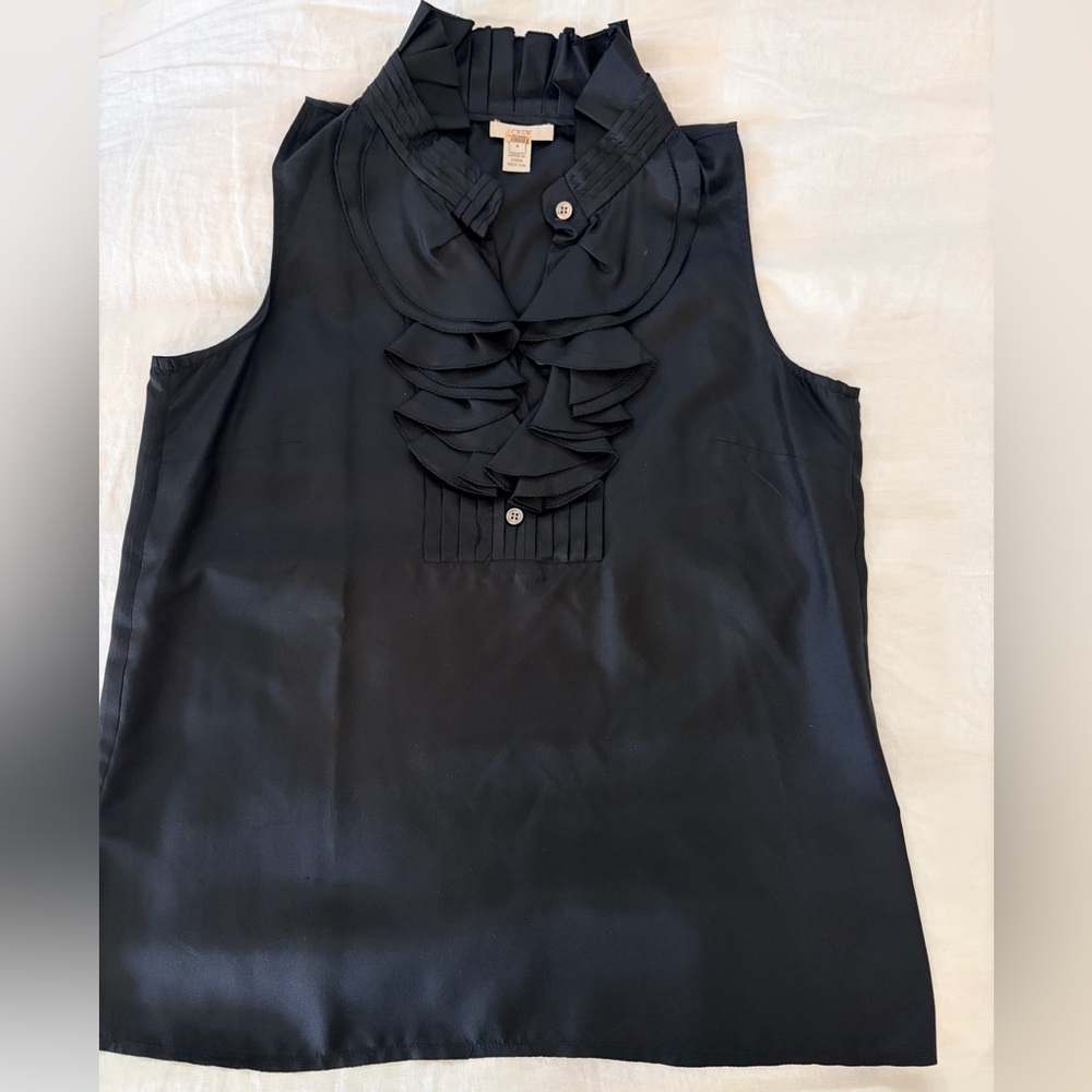 Black Silk Ruffle Front Sleeveless Top